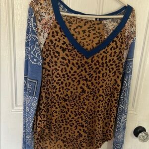 We The Free Graphic Black and Brown Long Sleeve Blouse. Leopard